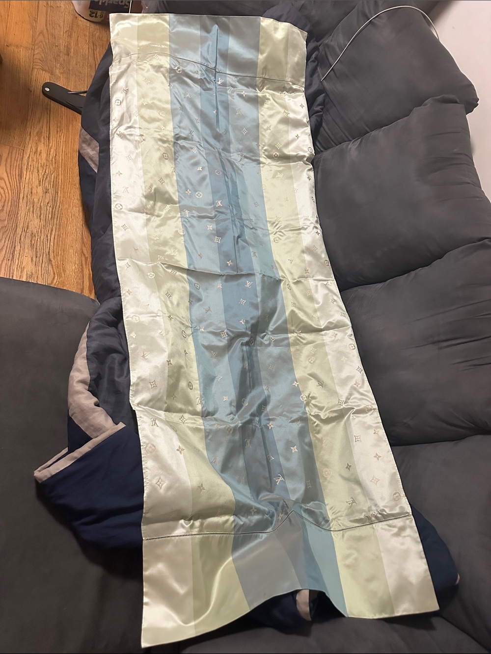 Louis Vuitton Striped Monogram Silk Scarf/Stole in Blue and Cream.